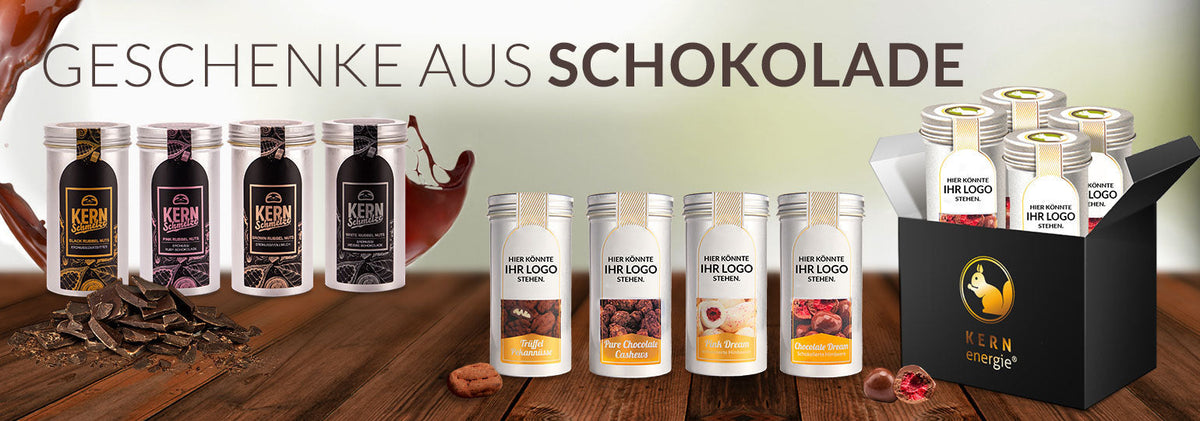 Geschenkset aus Schokolade in Aludosen mit individualisierbarem Etikett und edler Geschenkbox – perfektes Firmengeschenk