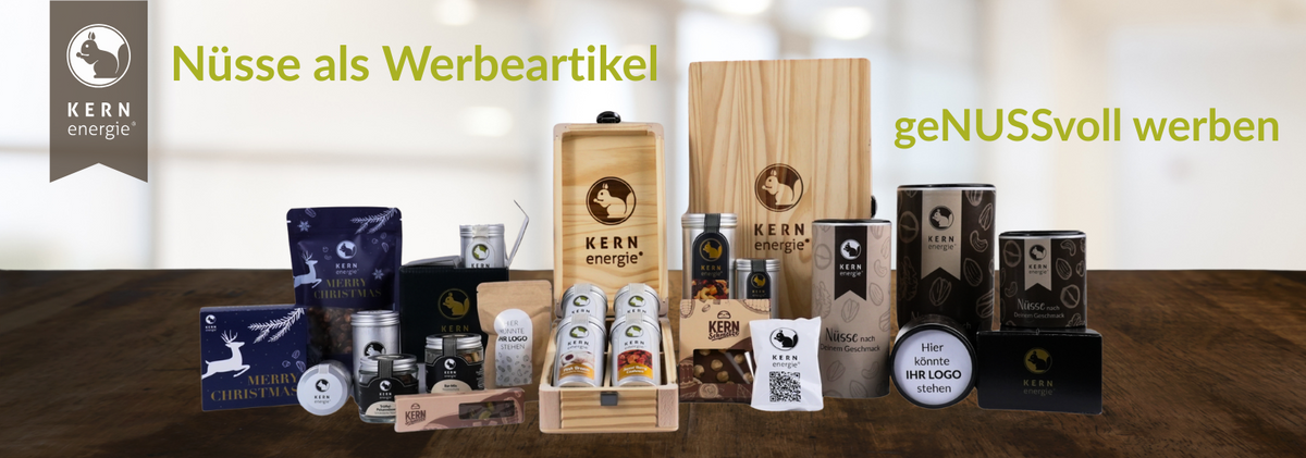 Nüsse als Werbeartikel: Übersicht über personalisierbare Geschenkverpackungen von KERNenergie