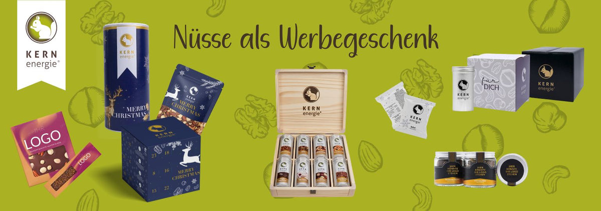 Nüsse als Werbegeschenk mit Logo – Holzbox, Flowpack, Glasdose, Geschenkkarton, Schokolade, Adventskalender, Standbodenbeutel, Pappdose - personalisierbar