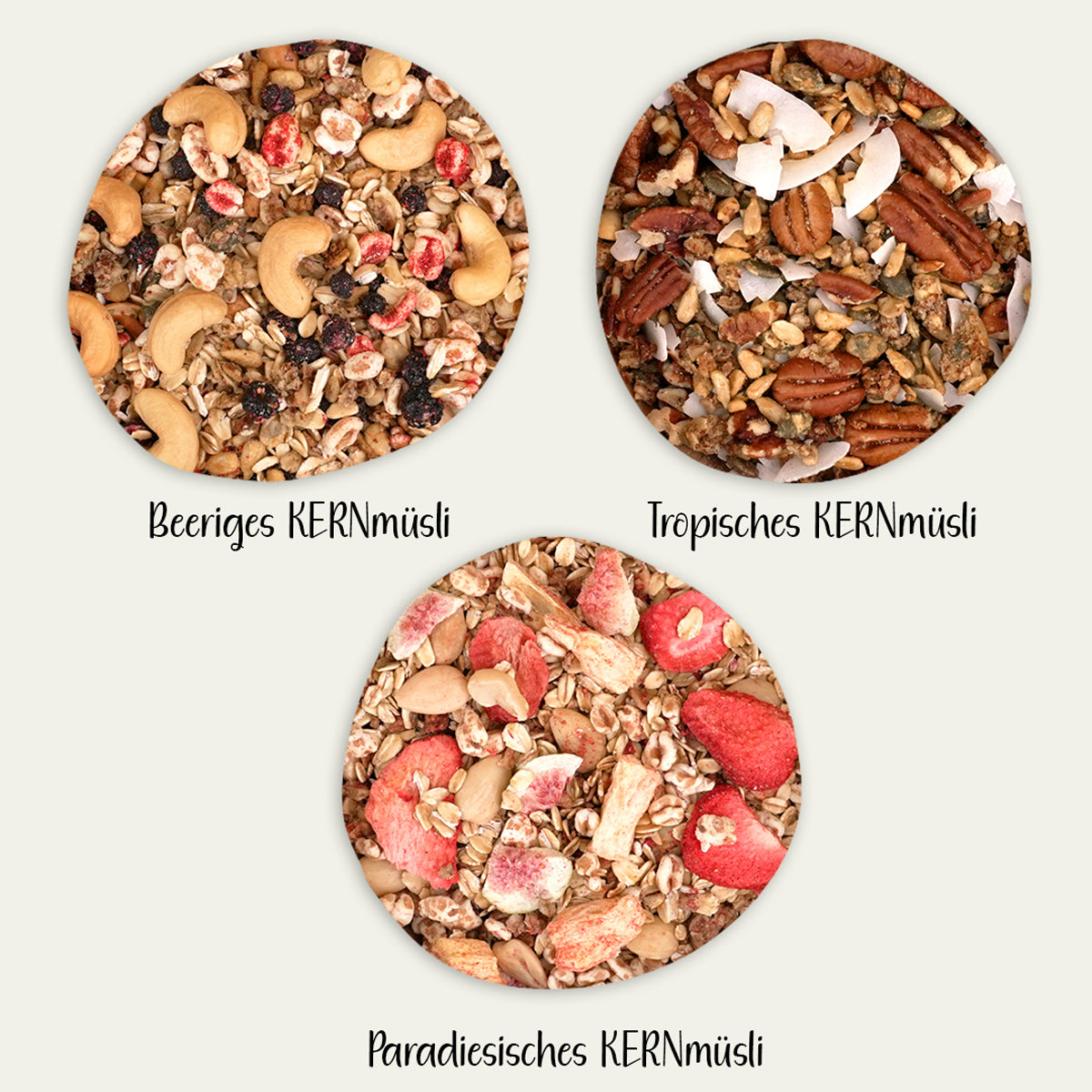 Beeriges Müsli, Tropisches Müsli, Paradiesisches Müsli als Nahaufnahme