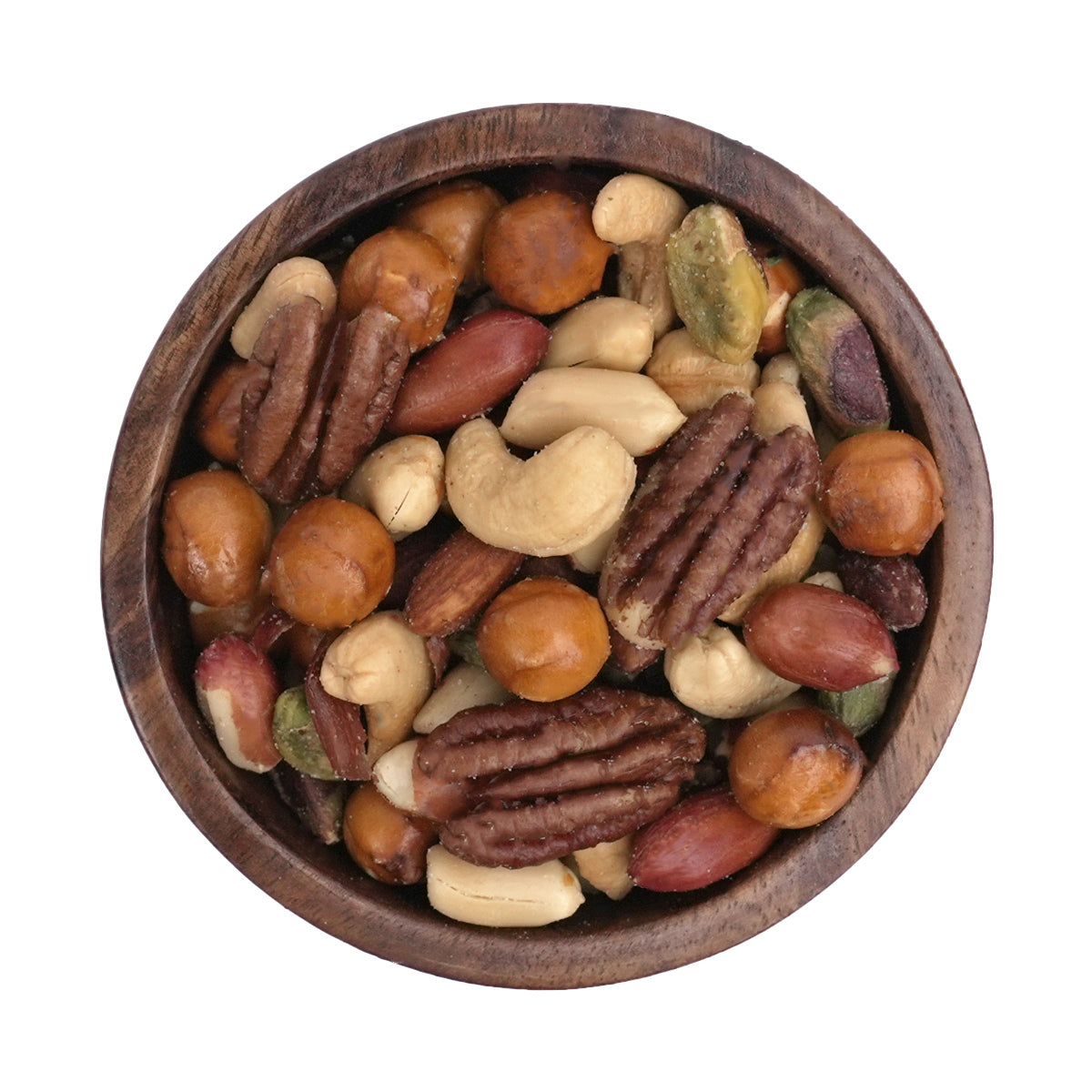 Nussmischung "Bavaria Mix" frisch gerösteten Erdnüssen, Cashews, Pistazien, Pekannüssen, Walnüssen, Macadamias, Rauchmandeln, Kürbiskerne und knusprigen Brezelbällchen
