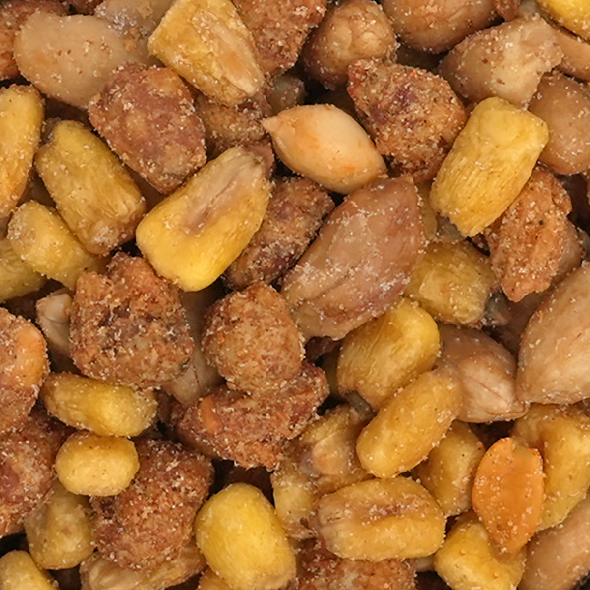 Nahaufnahme Nussmischung "Sweet Salsa Mix2 aus Süß-salzigen Erdnüssen, Katjang Pedis und süßem gerösteten Mais