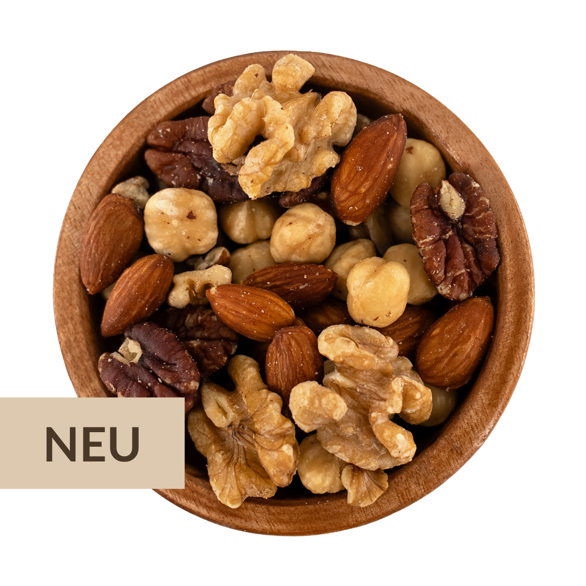 Nussmischung Eichhörnchen mit Walnüssen, Mandeln, Haselnüssen und Pekannüssen in Holzschale