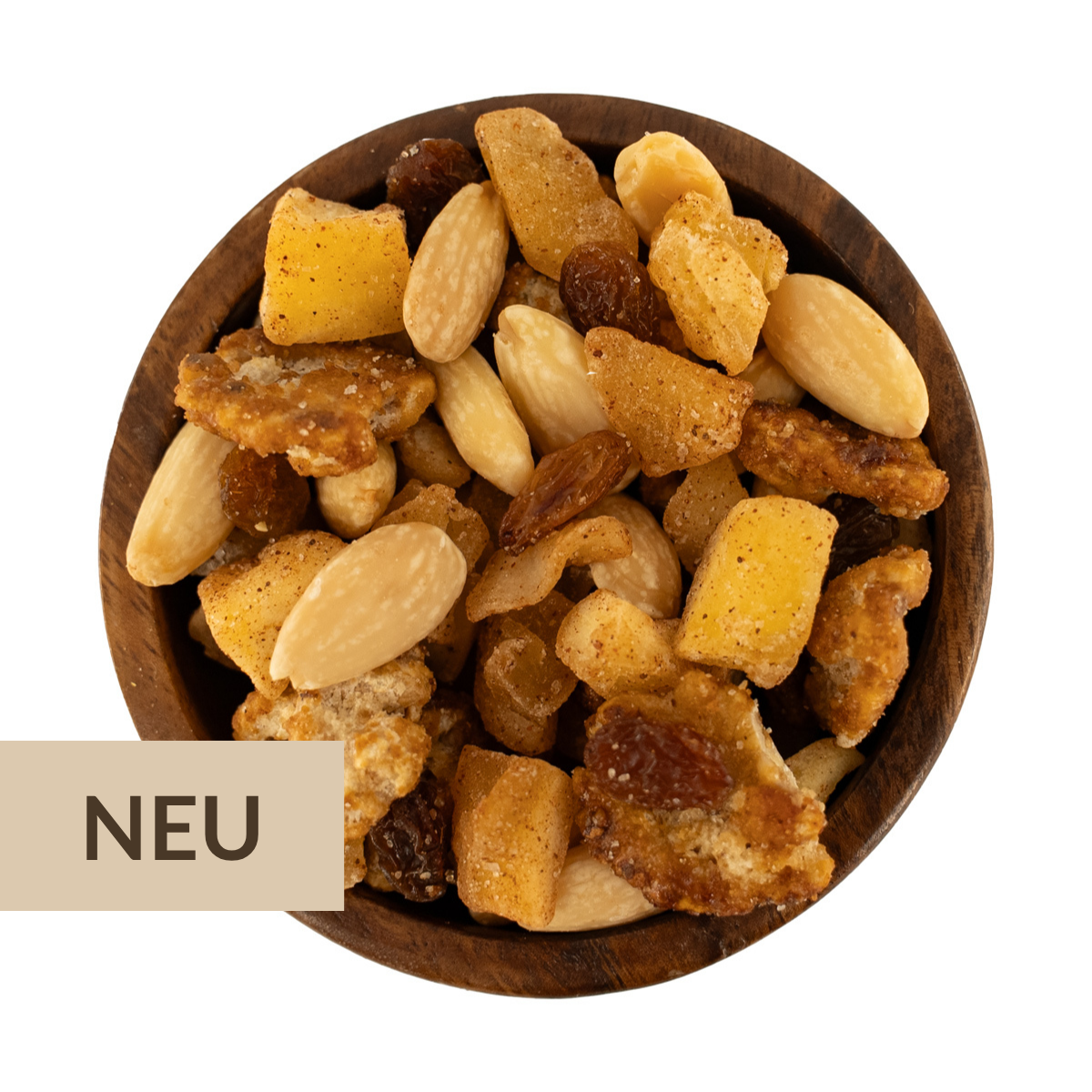 Nussmischung Bratapfel mit Mandeln, gebrannten Walnüssen, apfel-Zimt-Stücke und Rosinen in der Holzschale