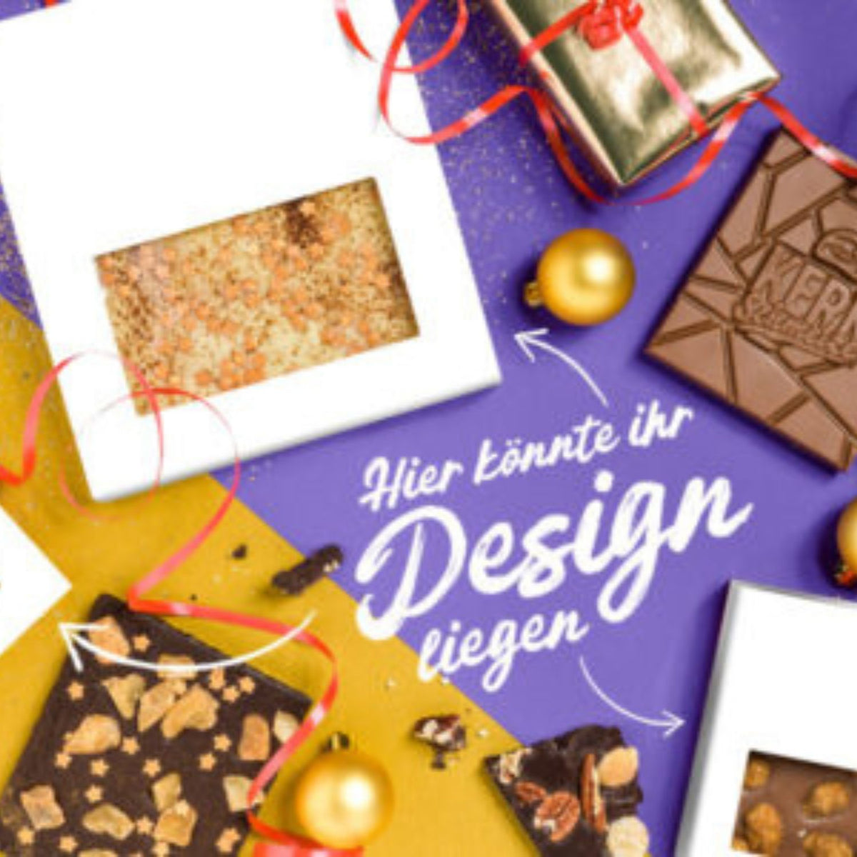 Schokoladentafel mit dem Hinweis ‚Hier könnte Ihr Design stehen‘ – individualisierbare Verpackung für personalisierte Werbeschokolade mit Firmenlogo oder eigenem Design