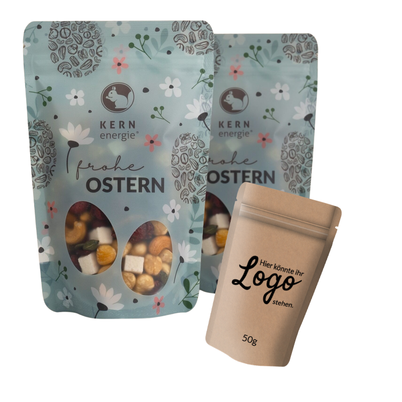 Nüsse und Snacks im Standbodenbeutel mit individuellem Etikett oder vollständigem Direktdruck – flexible Snackverpackung als Werbegeschenk mit Logo und personalisiertem Design