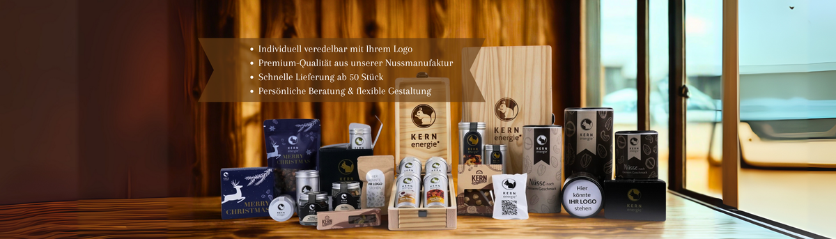 Firmengeschenke: Geschenkboxen, Holzboxen, Gläser mit Nusscreme und Mischungen, Schokoriegel und Schokotafeln, Aludosen und Pappdosen, alles individualisierbar.