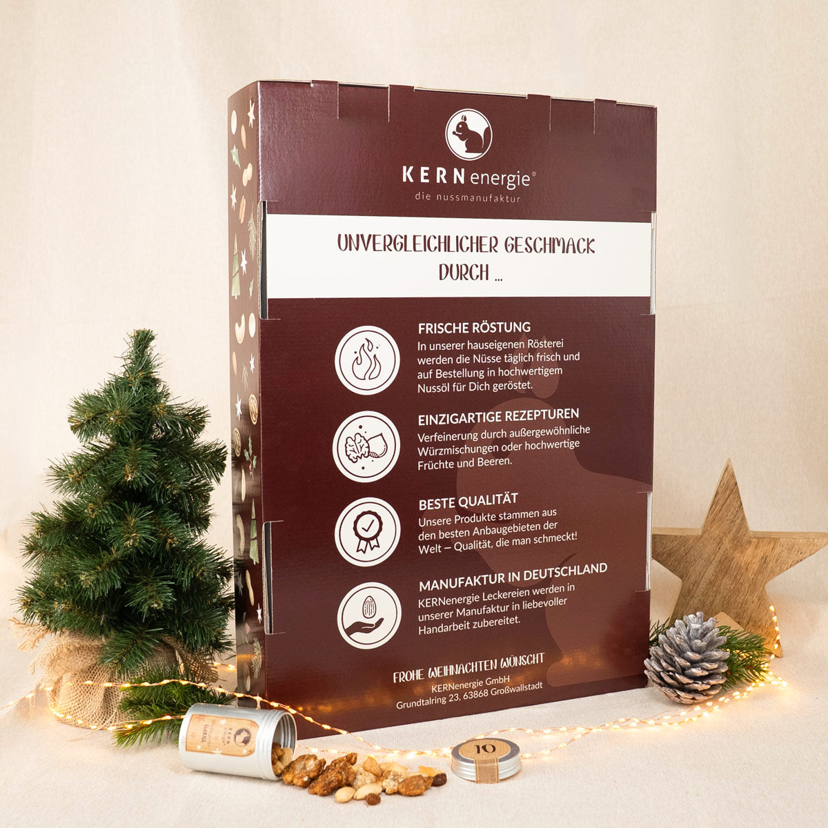 Rückseite des klassischen Adventskalenders mit den KERNenergie USPs