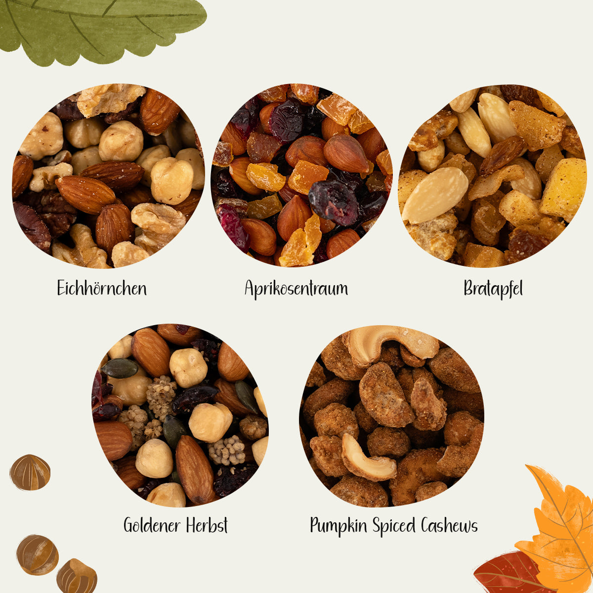 Nussmischungen, Nuss-Frucht-Mischungen und gebrannte Cashewkerne als Nahaufnahmen