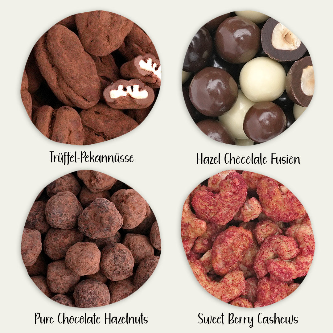 Gebrannte Nüsse und schokolierte Nüsse