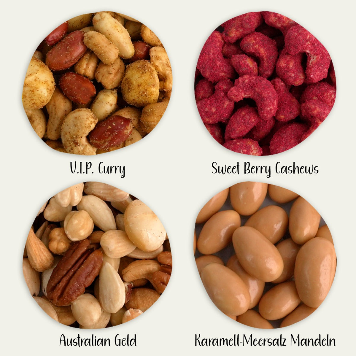 Geschenkset Glücksbringer–4 Nuss-&Schoko-Mischungen,u.a.V.I.P. Curry,Australian Gold mit Salz,Karamell-Meersalz Mandeln