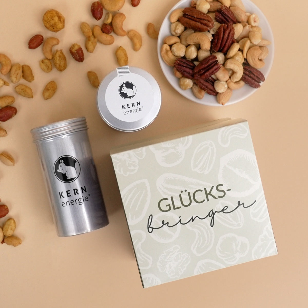 Geschenkset Glücksbringer–4 Nuss-&Schoko-Mischungen,u.a.V.I.P. Curry,Australian Gold mit Salz,Karamell-Meersalz Mandeln