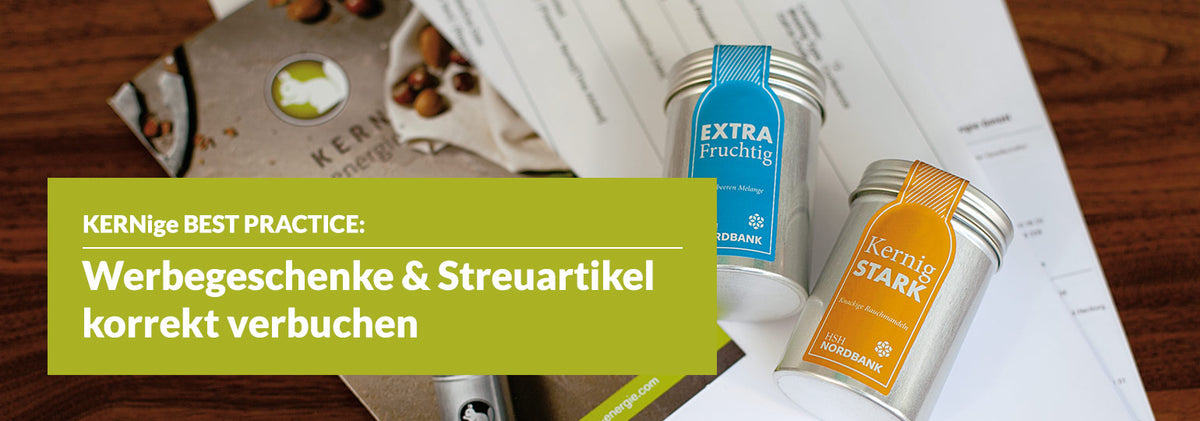 Werbegeschenke und Streuartikel richtig verbuchen – Nüsse in Aludose mit individuell bedrucktem Etikett und Firmenlogo als steuerlich anrechenbares Präsent