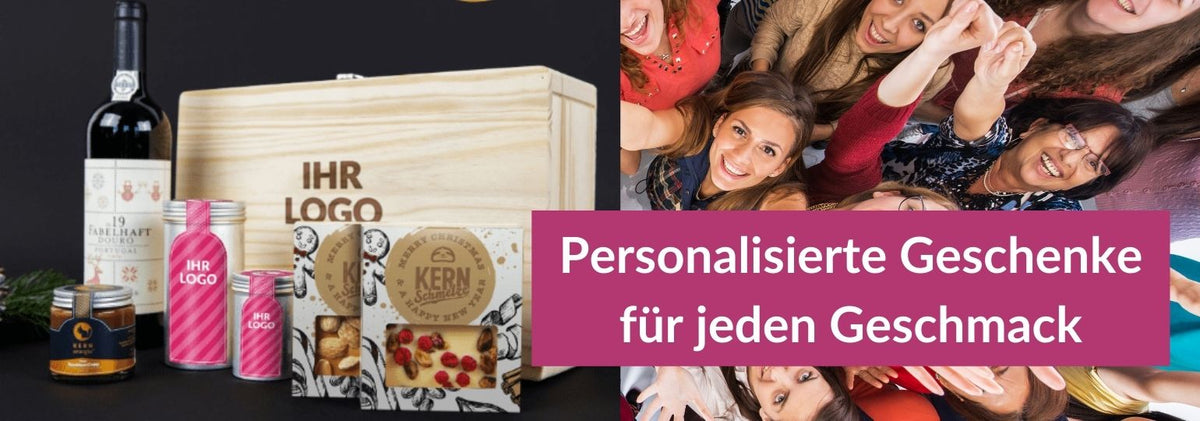 Personalisierte Geschenke für jeden Geschmack – Holzbox mit Wein, Nüssen, Schokolade und Aludose