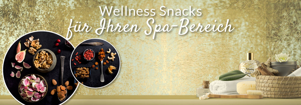 Erlesene Wellness Snacks im Spa-Bereich – KERNenergie Nüsse, Trockenfrüchte und Superfood-Mischungen stilvoll angerichtet, um Körper und Geist in der Winterzeit zu verwöhnen.