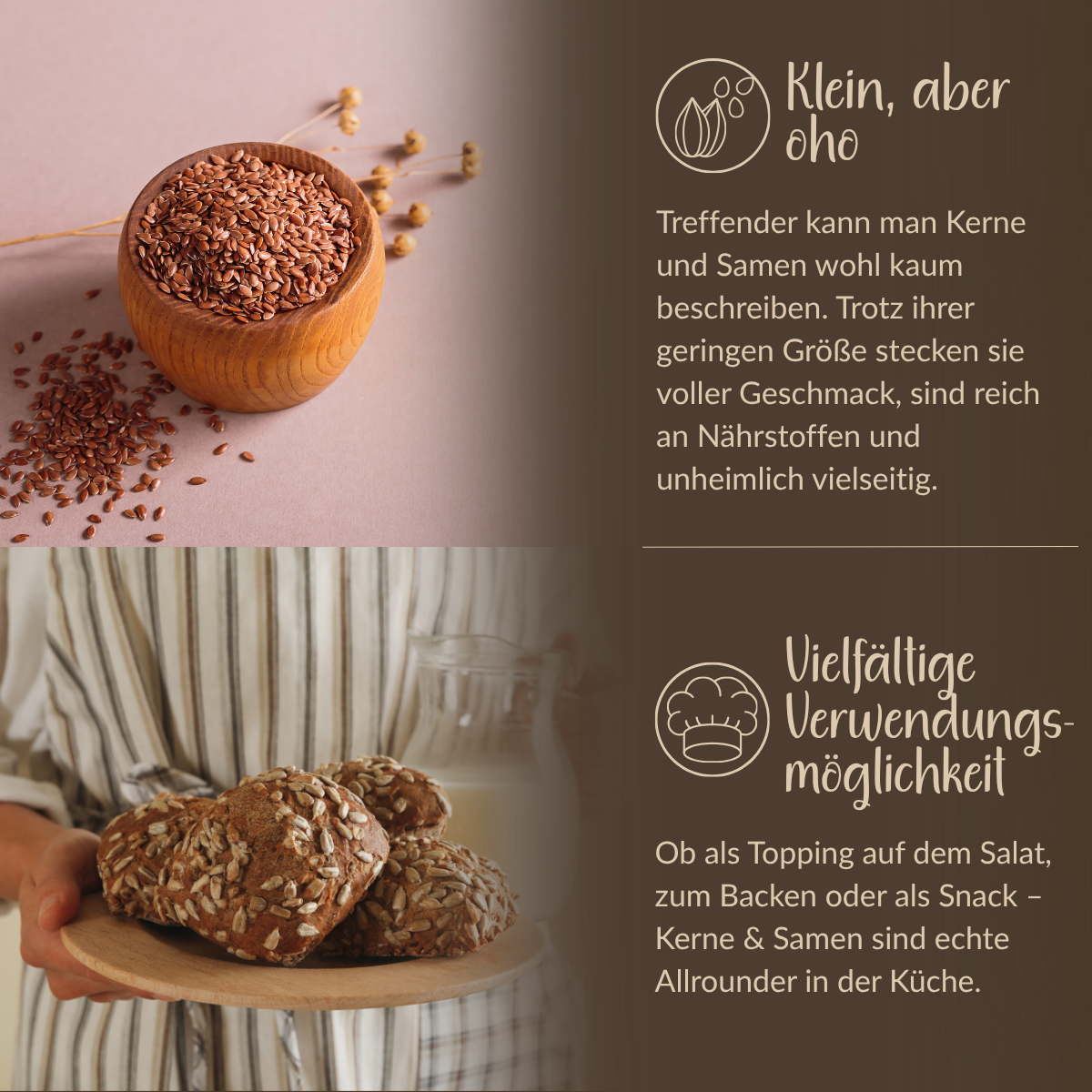 USPs für Kerne und Samen grafisch und schriftlich abgebildet