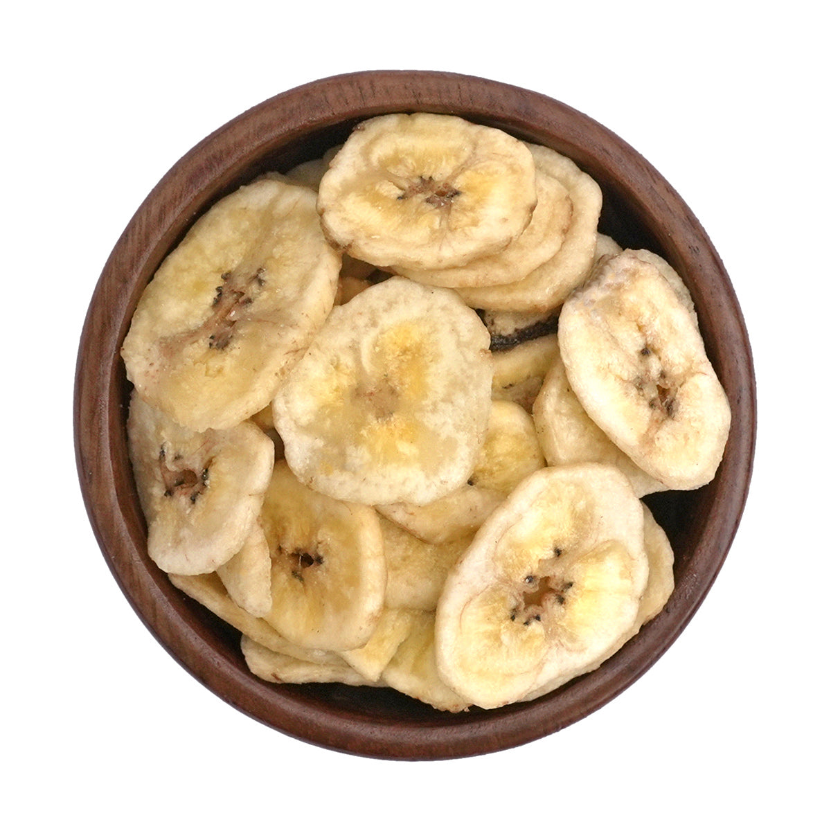 Getrocknete Bananenchips in Holzschale
