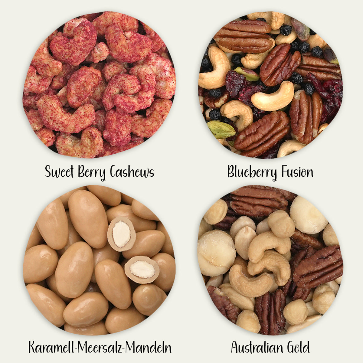 Gebrannte Cashews, schokolierte Mandeln, Nuss-Frucht-Mischung und Nussmischung als Nahaufnahme