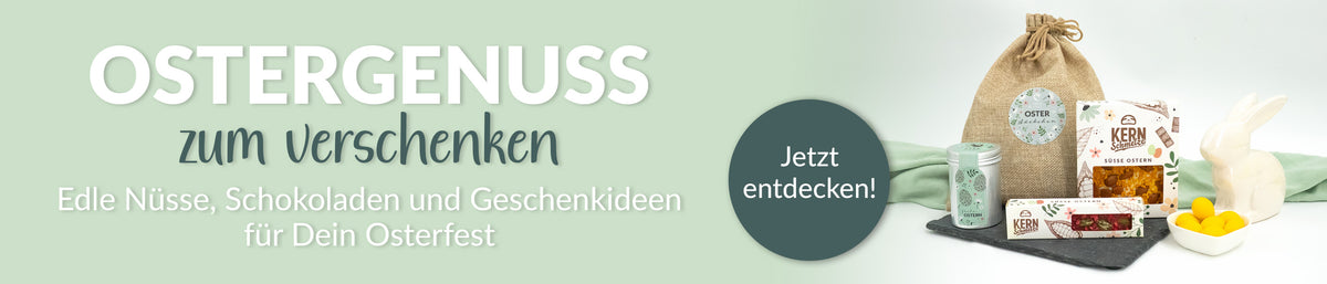 Osterbanner mit Osterschokoladen, schokolierten Mandeln und Nussmischungen 
