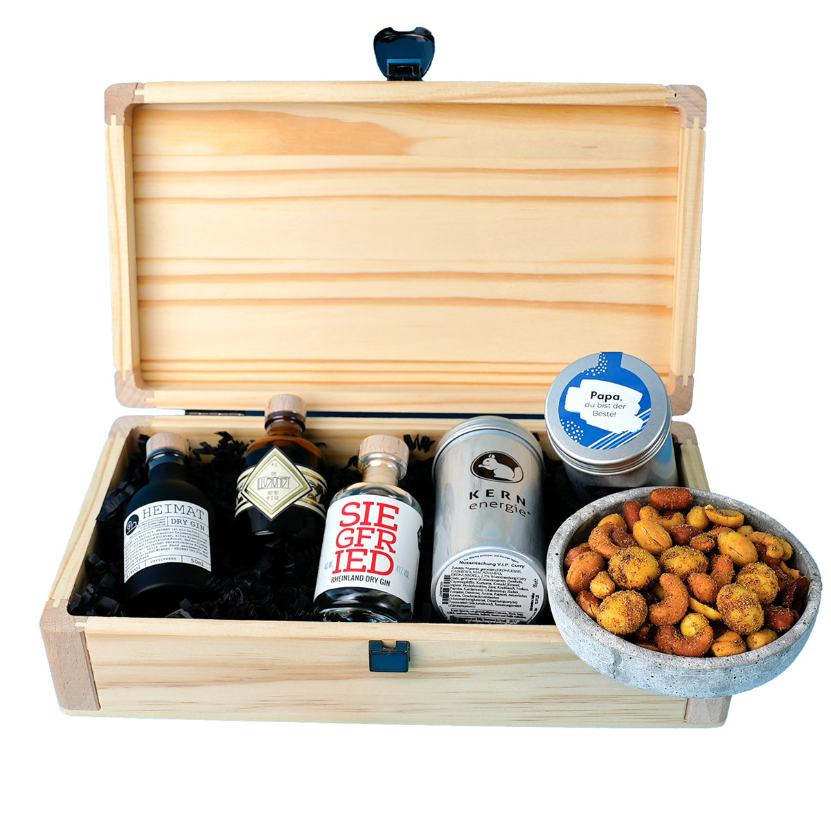 Geschenkset Bester Papa in Holzbox-mit Gin&Nüssen,u.a. Rauchmandeln,gesalzene Mandeln,HEIMAT Dry Gin (Mini)Gewicht:750g