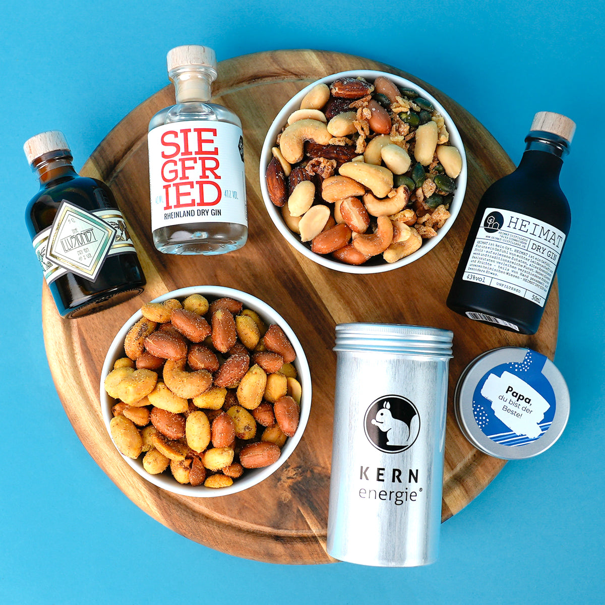 Geschenkset Bester Papa in Holzbox-mit Gin&Nüssen,u.a. Rauchmandeln,gesalzene Mandeln,HEIMAT Dry Gin (Mini)Gewicht:750g