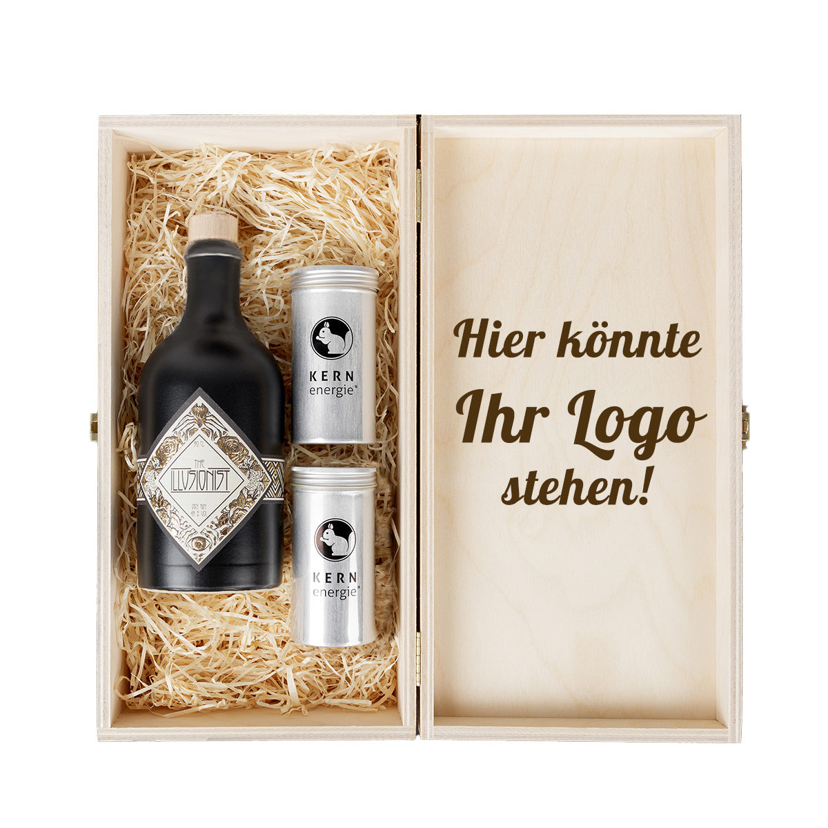 Ausgefallene Geschenkidee für Weihnachten und besondere Anlässe. Nüsse und Gin oder Wein in einer hochwertigen Holzbox mit ihrem Logo als Branding. 
