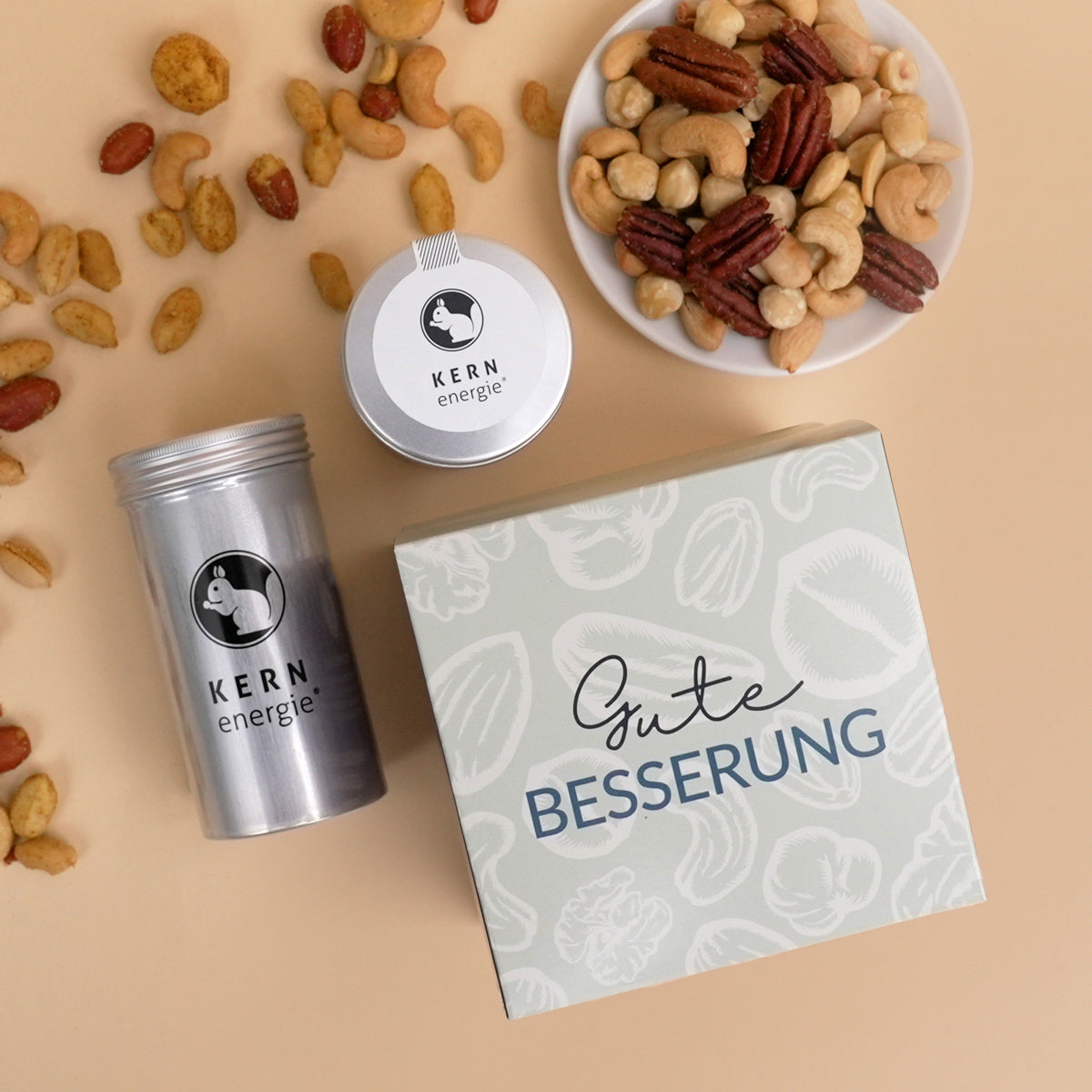 Gute Besserung Set, 4 hochwertige Nussmischungen ich schönem geschenkkarton in Blau