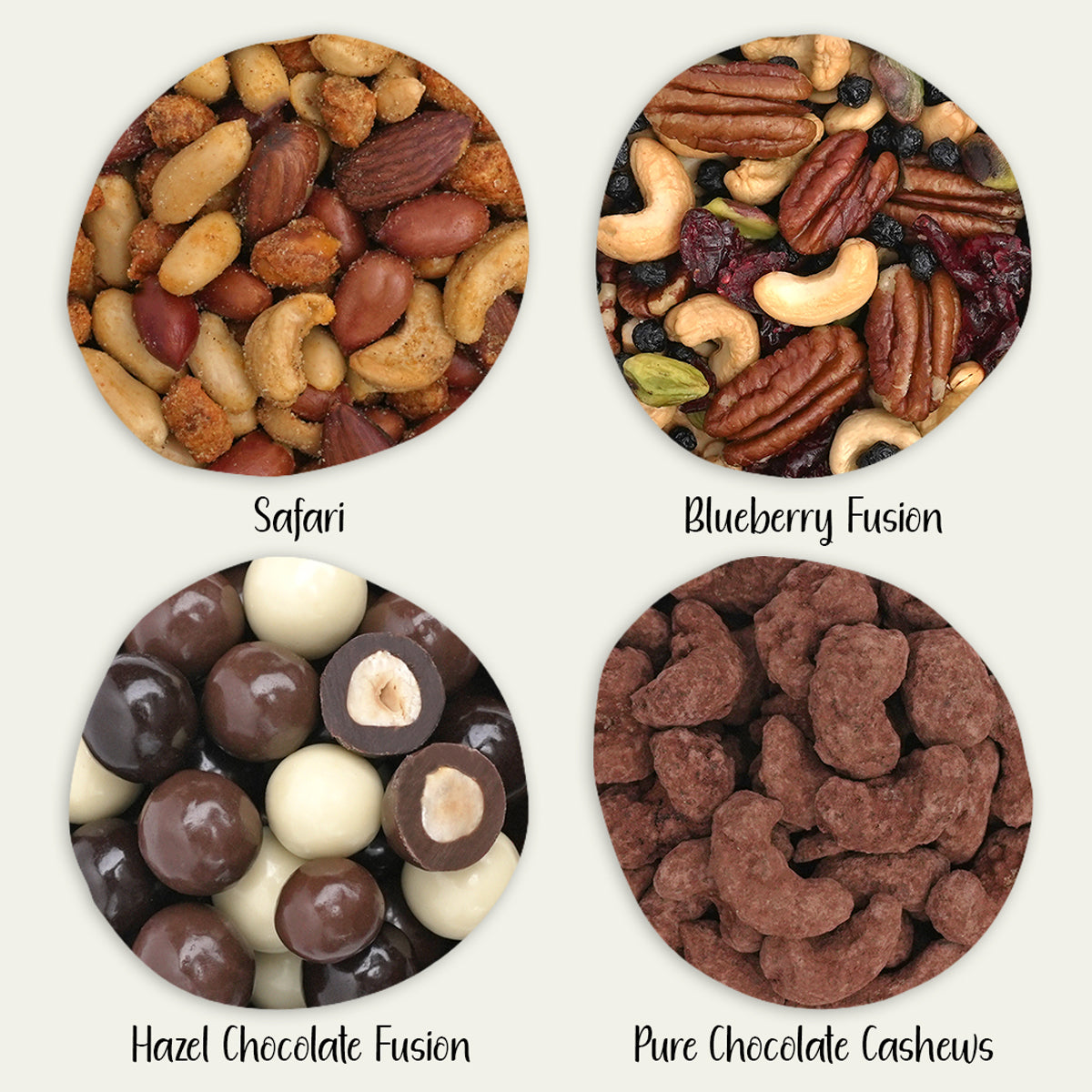 Nuss- und Nuss-Frucht-Mischungen, schokolierte Haselnüsse und gebrannte Cashews als Nahaufnahmen
