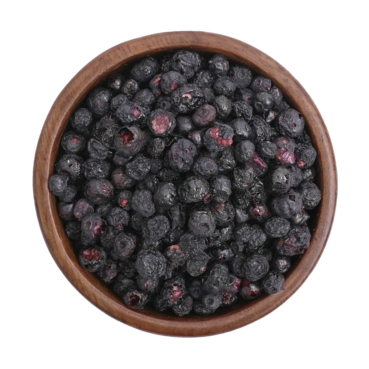 gefriergetrocknete Heidelbeeren in Holzschale