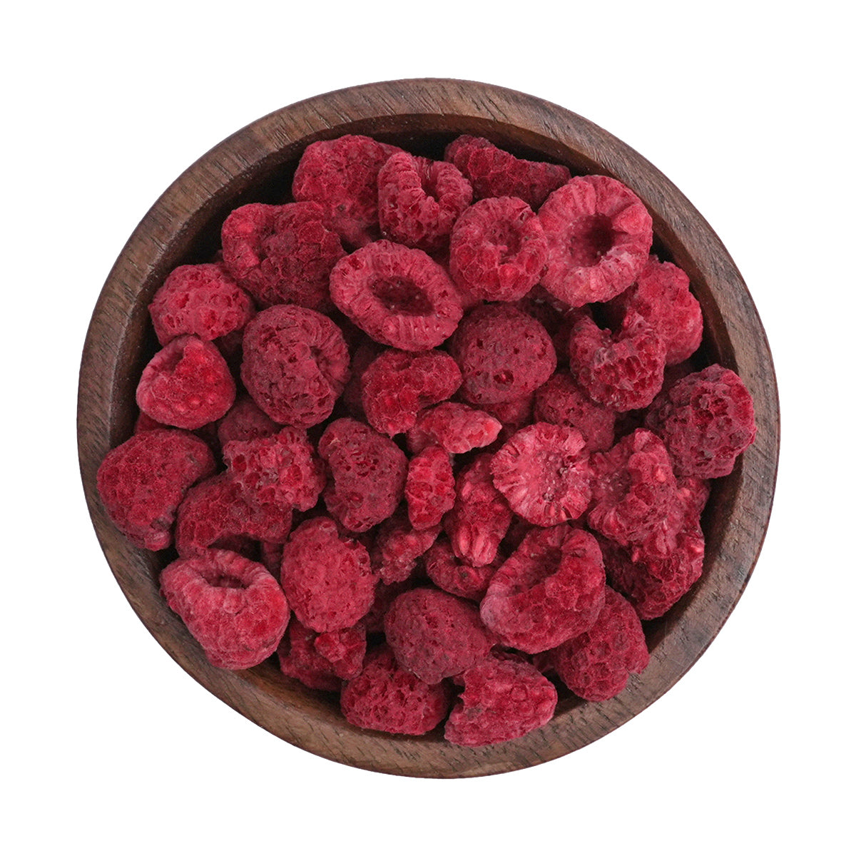 gefriergetrocknete Himbeeren in Holzschale
