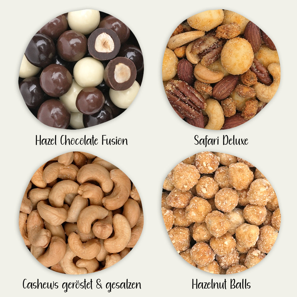 Kleines Nervennahrung Set–4 Nuss-und Schoko-Mischungen,u.a.Hazel Chocolate Fusion,Safari Deluxe,Cashew geröstet&gesalzen