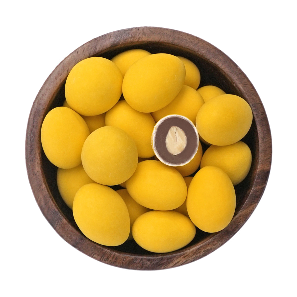 Schokolierte Limoncello-Mandeln in Holzschale
