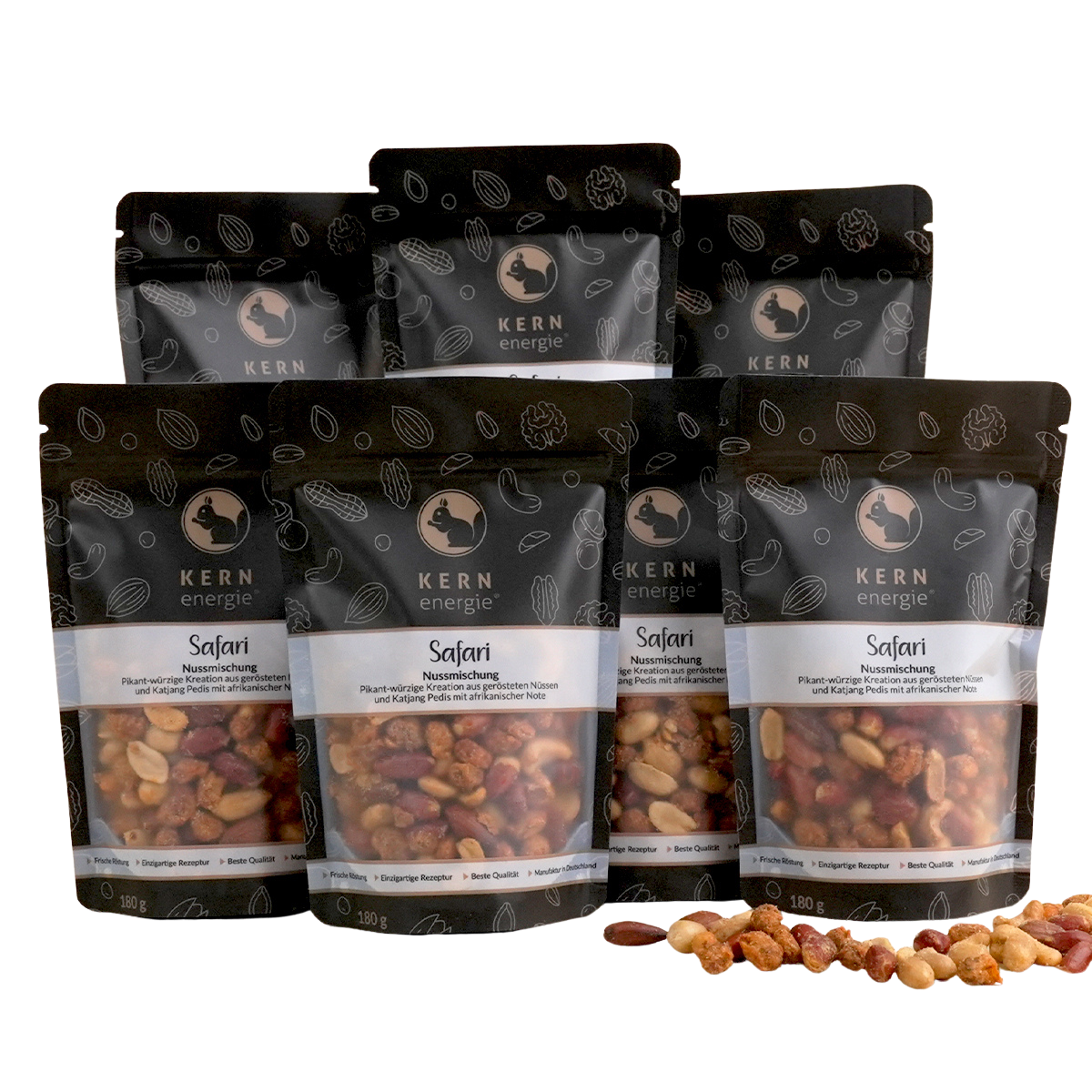 7 schwarze KERNenergie Snack Beutel mit Nussmischung Safari