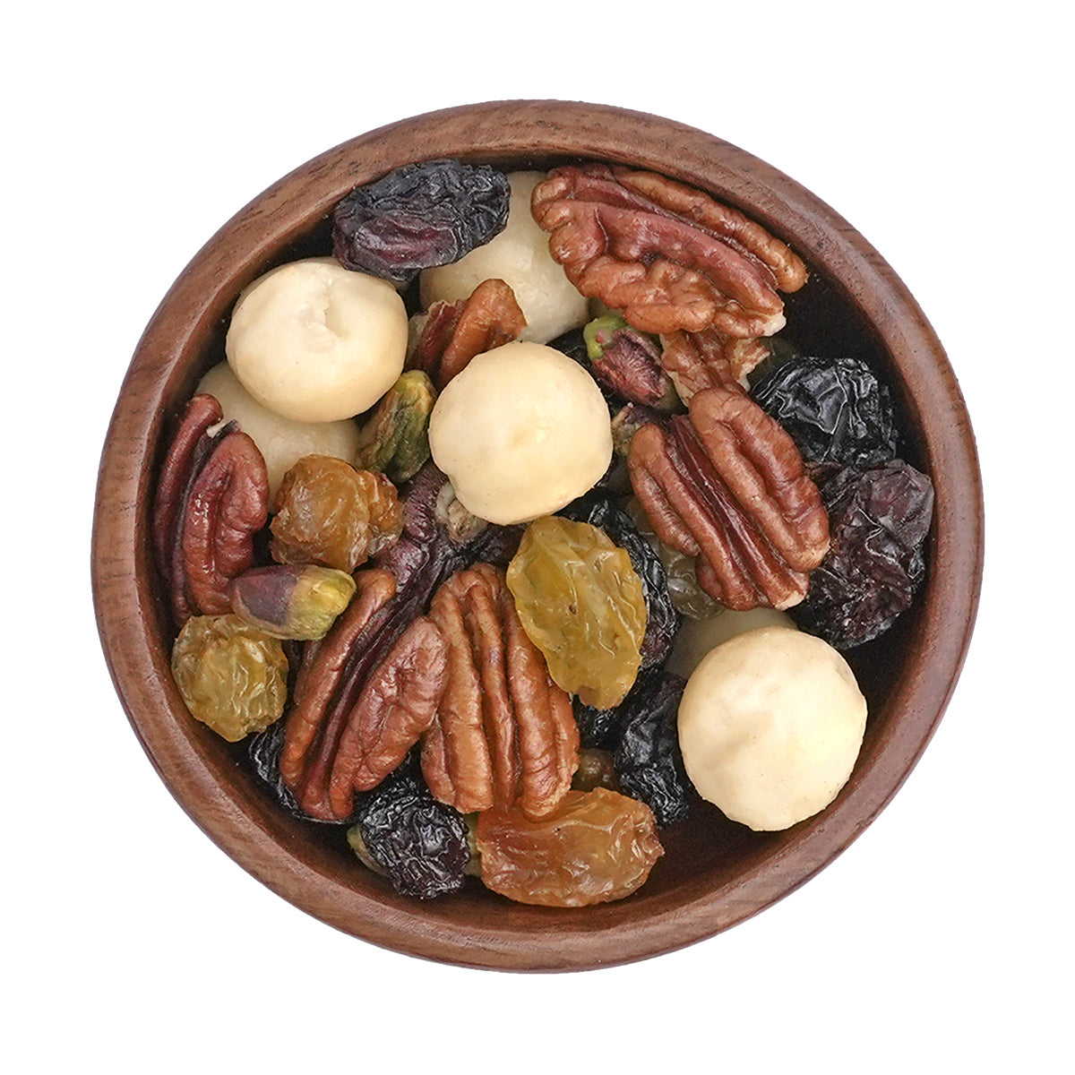 Nussmischung "Sportfutter Deluxe" Pekannüsse, Macadamias, Pistazien, süße gelbe und blaue Rosinen