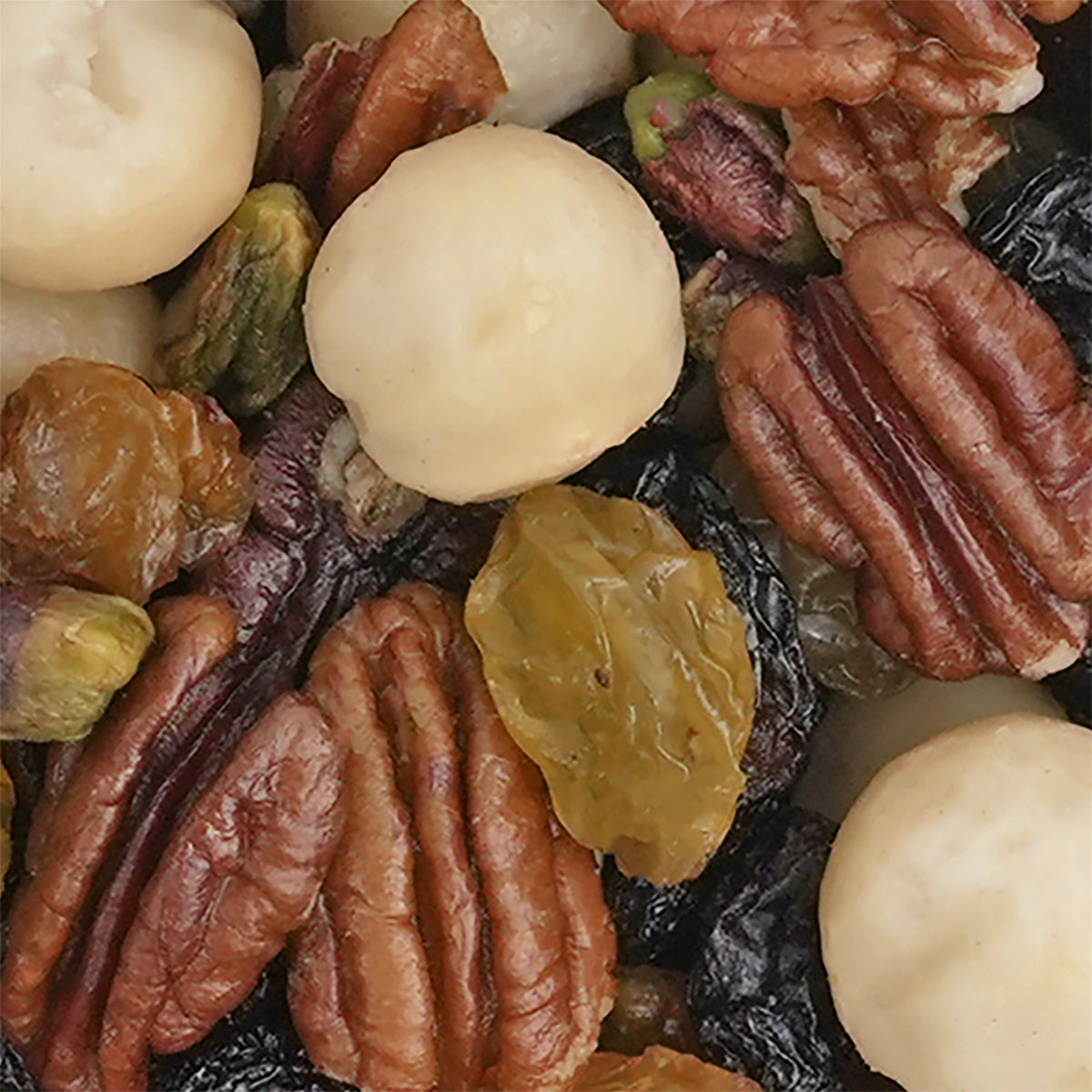 Nahaufnahme Nussmischung "Sportfutter Deluxe" Pekannüsse, Macadamias, Pistazien, süße gelbe und blaue Rosinen