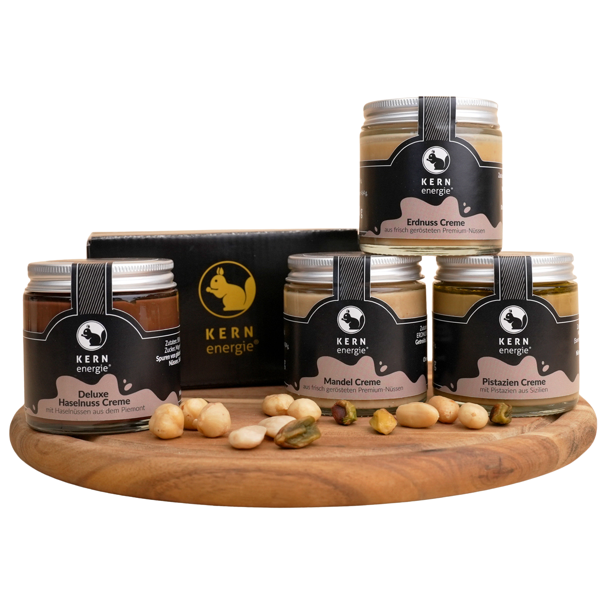 Best Of Set Nusscremes, Pistazien Creme, Mandeln Creme, Erdnuss Creme, Deluxe Haselnuss Creme  in hochwertigen Gläßern und eldem Geschenkkarton. Ideal zum verschenken.