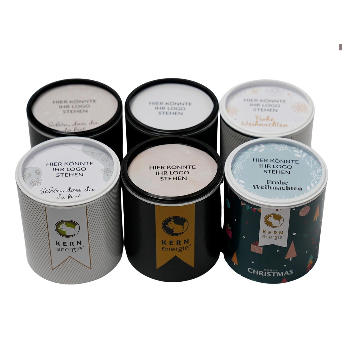 Pappdose mit Deckeleinleger und Weihnachtsgruß, personalisiert mit Logodruck – festliche Werbeverpackung für Firmen