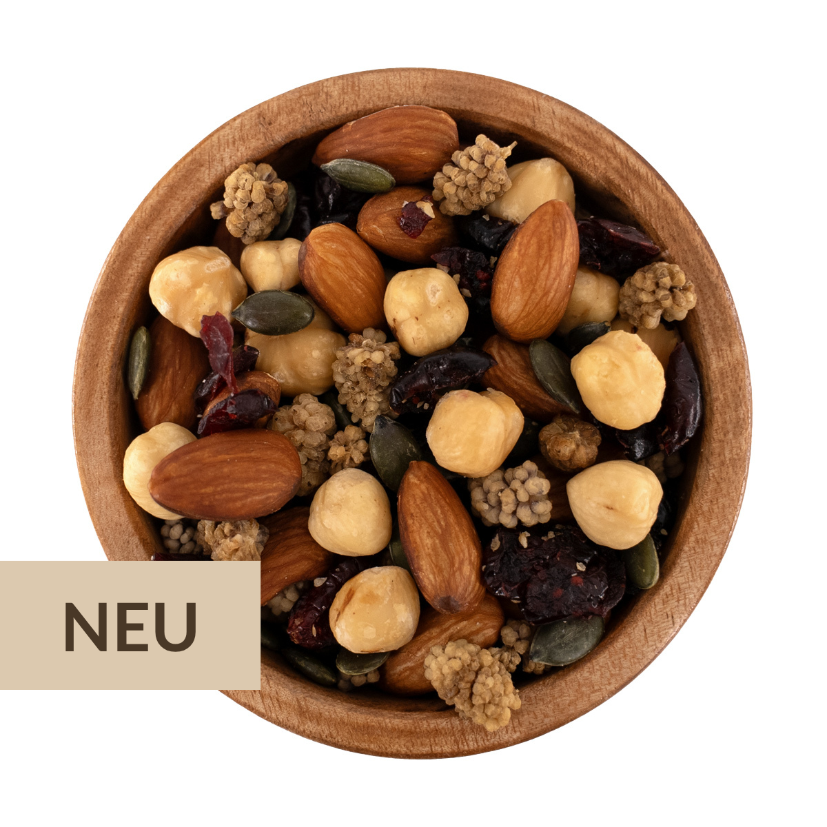 Nussmischung goldener Herbst mit Mandeln, Haselnüssen Maulbeeren, Cranberries und Kürbiskernen in Holzschale