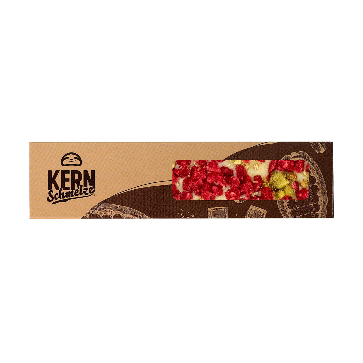 Schokoriegel mit weißer Schokolade, Pistazien und Himbeeren in Standard Kernschmelze Verpackung
