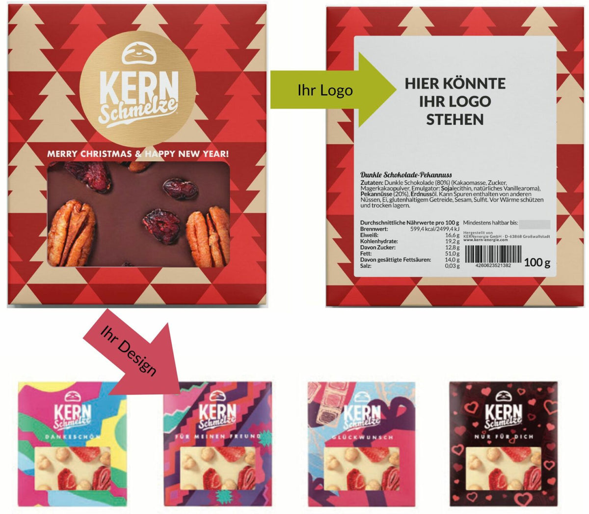 Schokoladentafel mit verschiedenen Designs und Logo bedrucken – individuell gestaltbare Werbeschokolade für Firmen, ideal als Geschenk für Kunden und Mitarbeitende