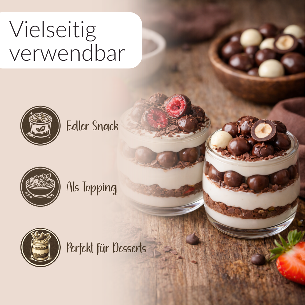 Darstellung der Vielseitigkeit von schokolierten Nüsse und schokolierten Früchte 