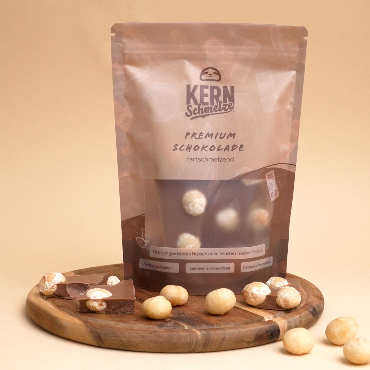 Bruchschokolade–feine belgische Vollmilchschokolade edlen Macadamias, von Hand gefertigt, ohne Palmöl