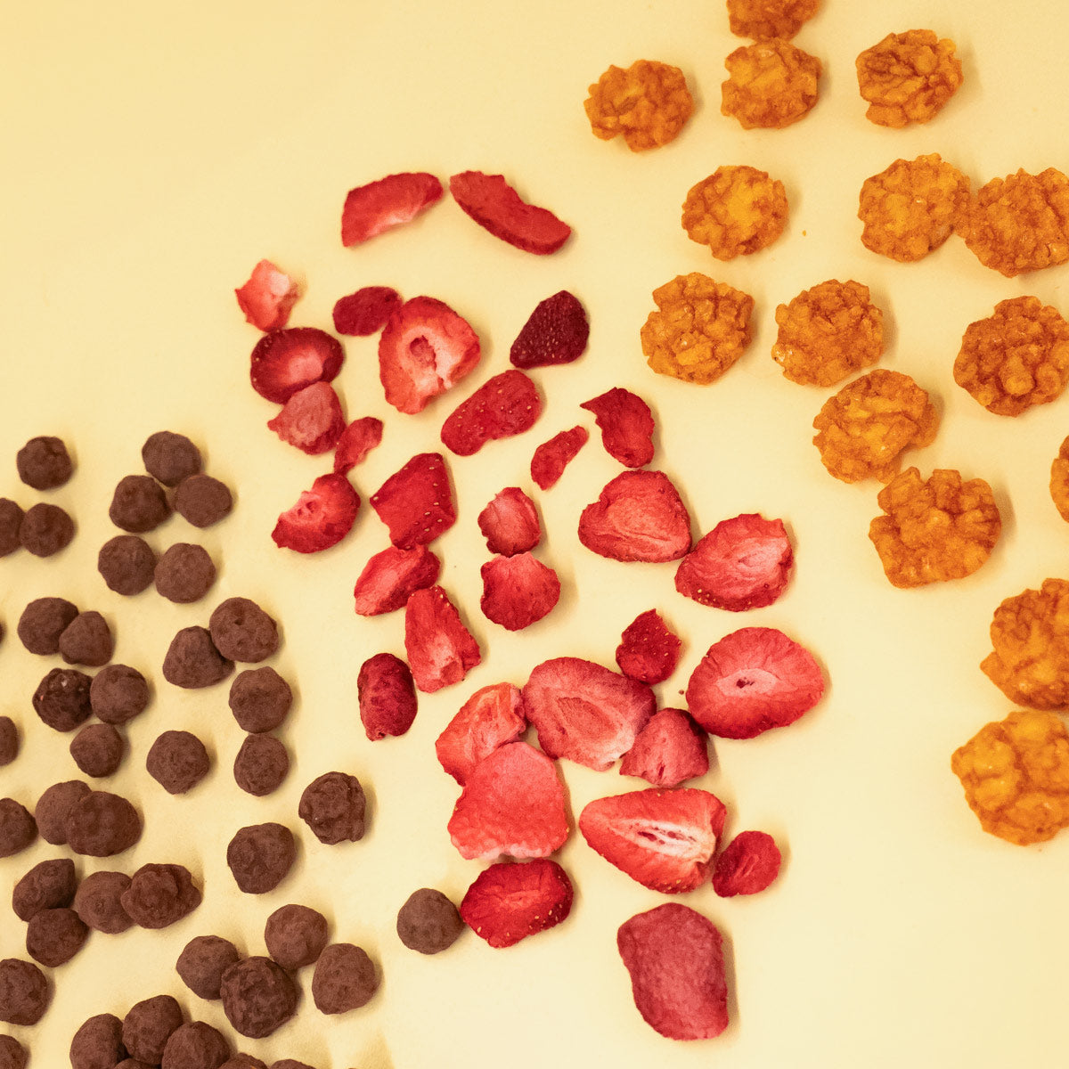 Gebrannte Haselnüsse mit Kakao, gefriergetrocknete Erdbeeren und Reiscracker