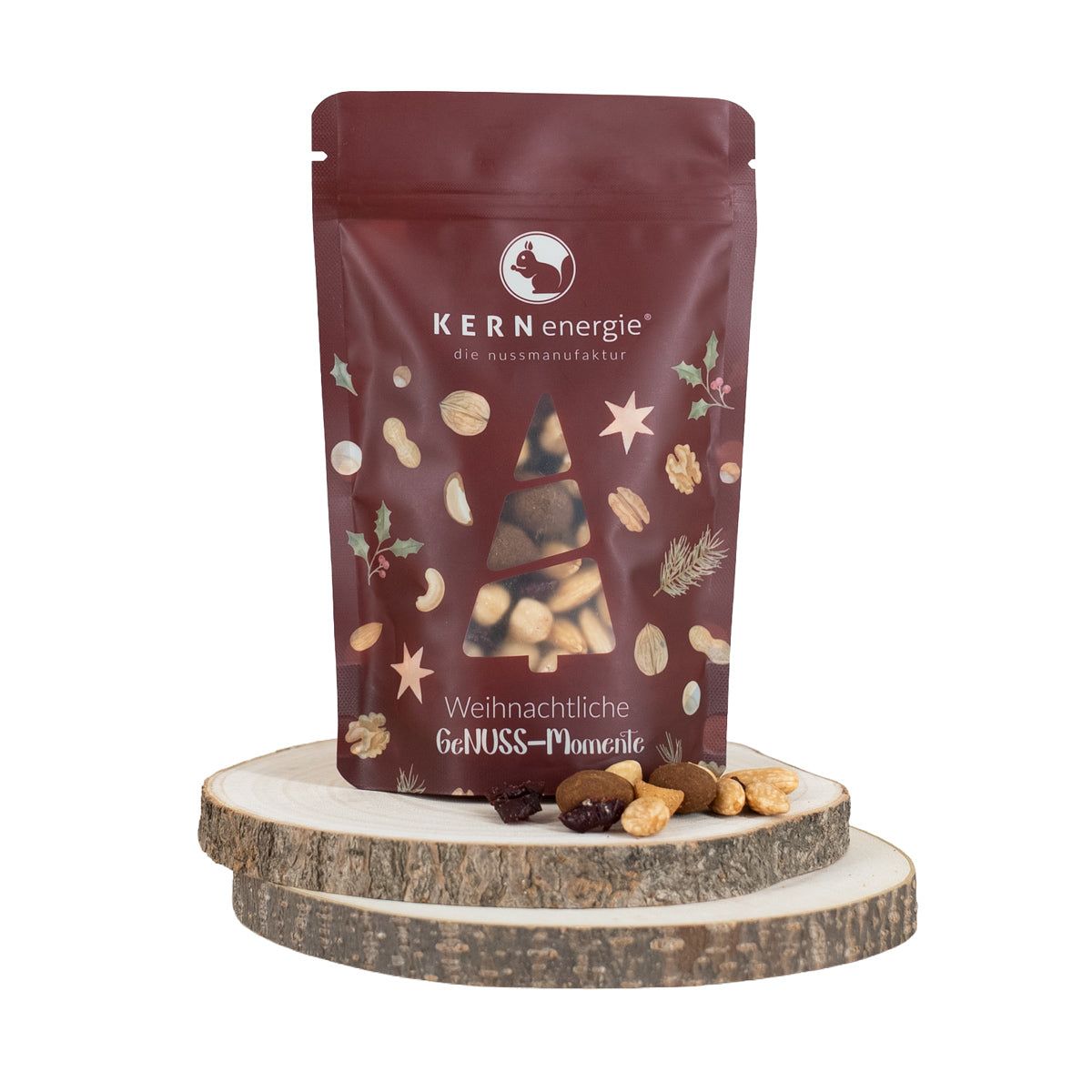 Nuss-Frucht-Mischung in weihnachtlichem Snackbeutel