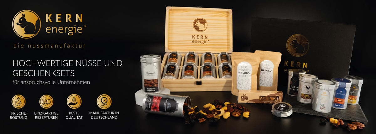 Firmengeschenke: Geschenkboxen, Holzboxen, Gläser mit Nusscreme und Mischungen, Schokoriegel und Schokotafeln, Aludosen und Pappdosen, alles individualisierbar.