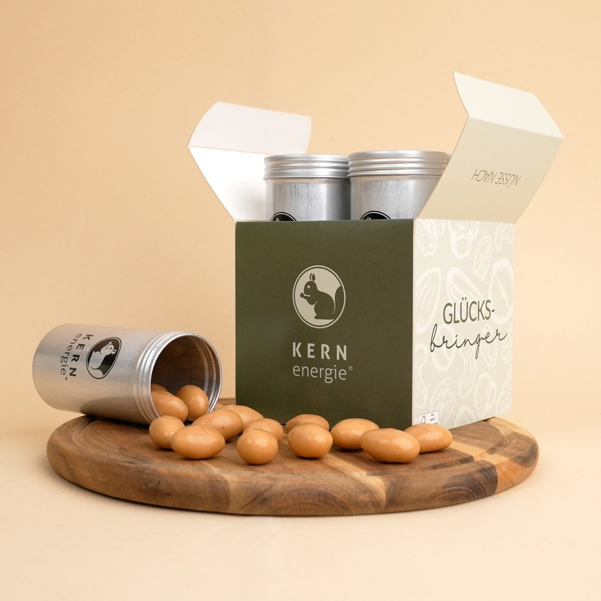 Geschenkset Glücksbringer–4 Nuss-&Schoko-Mischungen,u.a.V.I.P. Curry,Australian Gold mit Salz,Karamell-Meersalz Mandeln