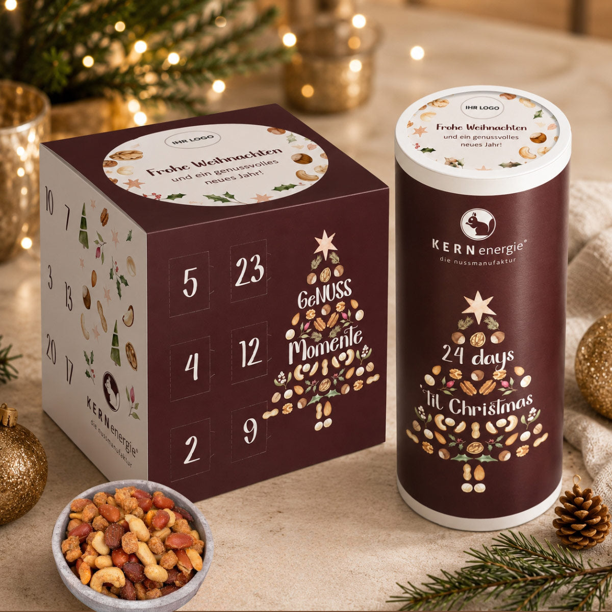 Adventskalender 2026 Nüsse von KERNenergie – Nuss Adventskalender als Kunden Weihnachtsgeschenke, Werbegeschenke für Mitarbeiter und Geschäftspartner, Werbegeschenke Weihnachten, Adventskalender für Mitarbeitende, Nüsse Adventskalender,  personalisiertes Werbegeschenk mit Logo.