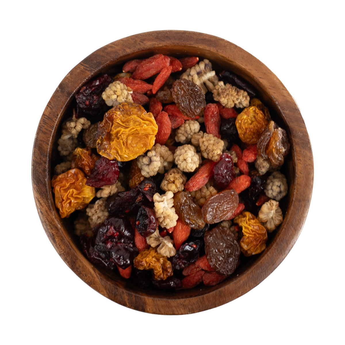 Power Berry Mix mit Gojibeeren, Maulbeeren, Rosinen und Physalis in einer Holzschale